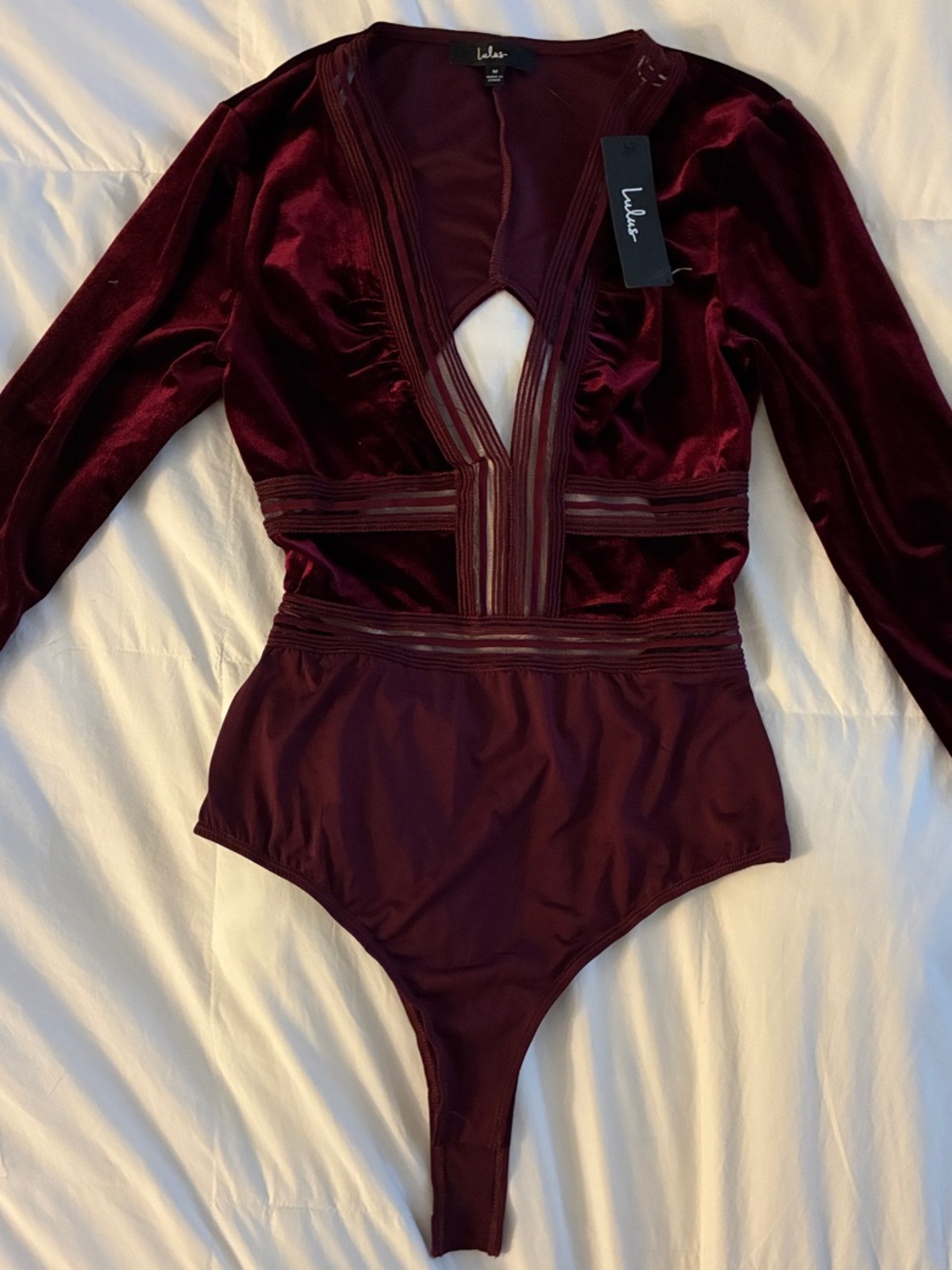 NWT Lulu's Wine Velvet Long-Sleeve V-Neck Bodysuit Medium
